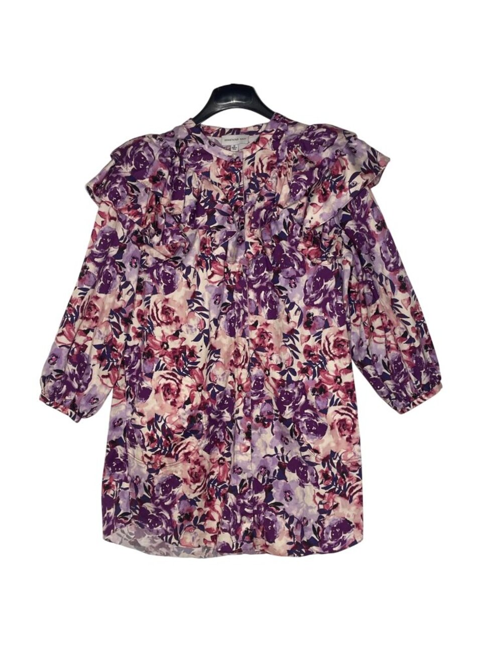 Something Navy Floral Puff Sleeve Mini Shirt Dress MED Statement Ruffle Collar